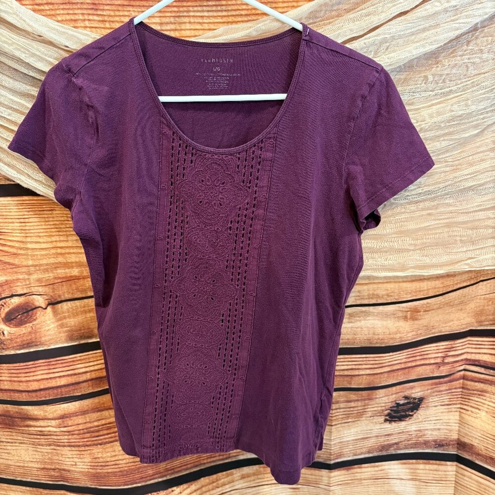 Van Heusen Womens Purple Short Sleeve Eyelet Detail Cotton‎ Top Size L